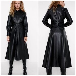 Zara Elegant Black Faux Leather Snap Front Black Midi Dress 🖤
